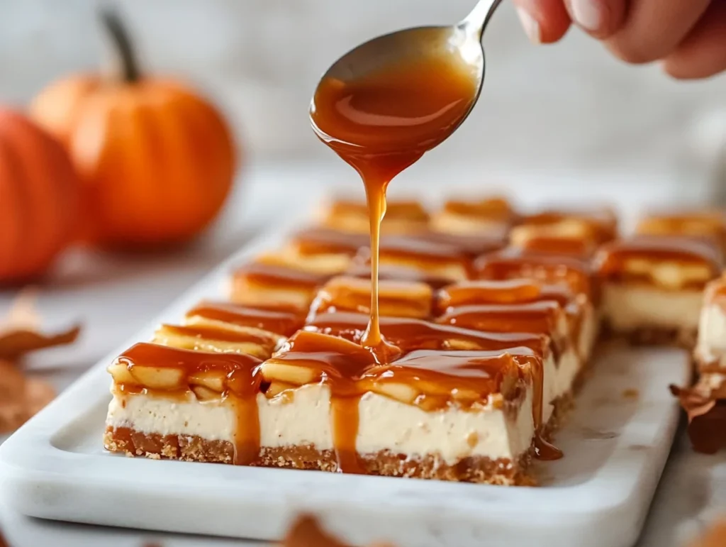  drizzling warm caramel sauce over a batch of caramel apple cheesecake bars, showing the layers of spiced apples and cheesecake filling.