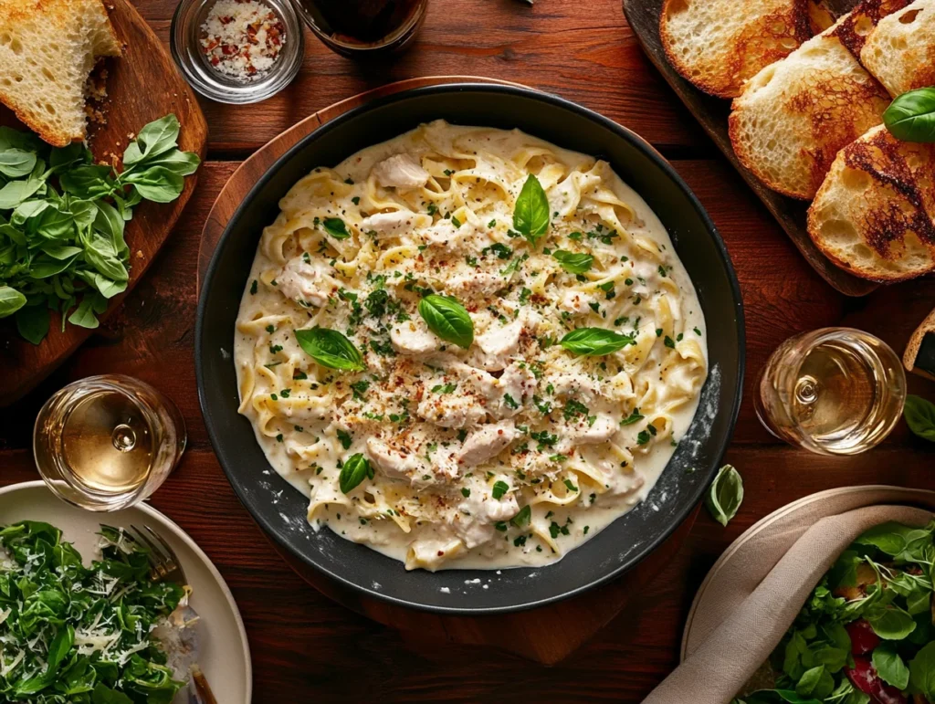 Creamy chicken pasta served in a bowl with garlic bread, salad, and white wine on a dining table.