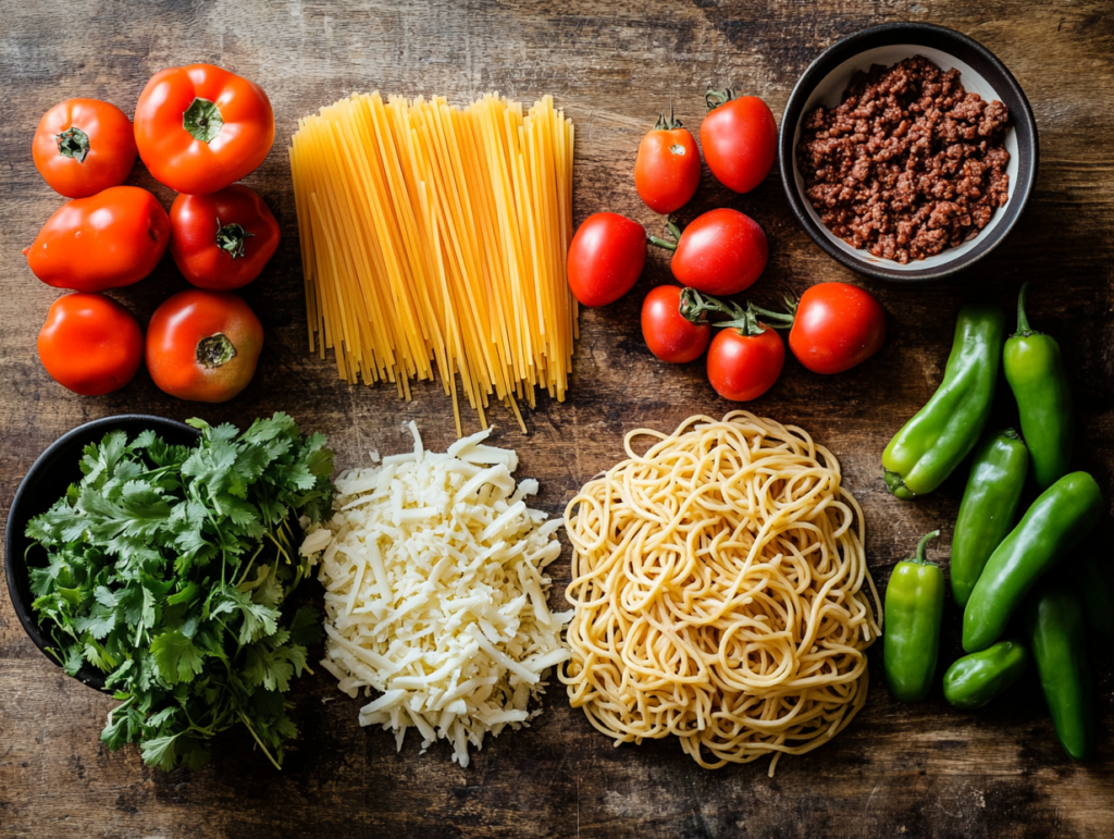 Key ingredients for Mexican spaghetti laid out on a rustic kitchen counter, featuring pasta noodles, tomatoes, chili powder, ground beef, jalapeños, and cheese