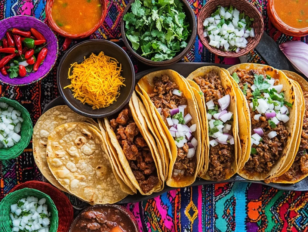 festive table spread with birria tacos, consomé bowls, and colorful Mexican decorations.