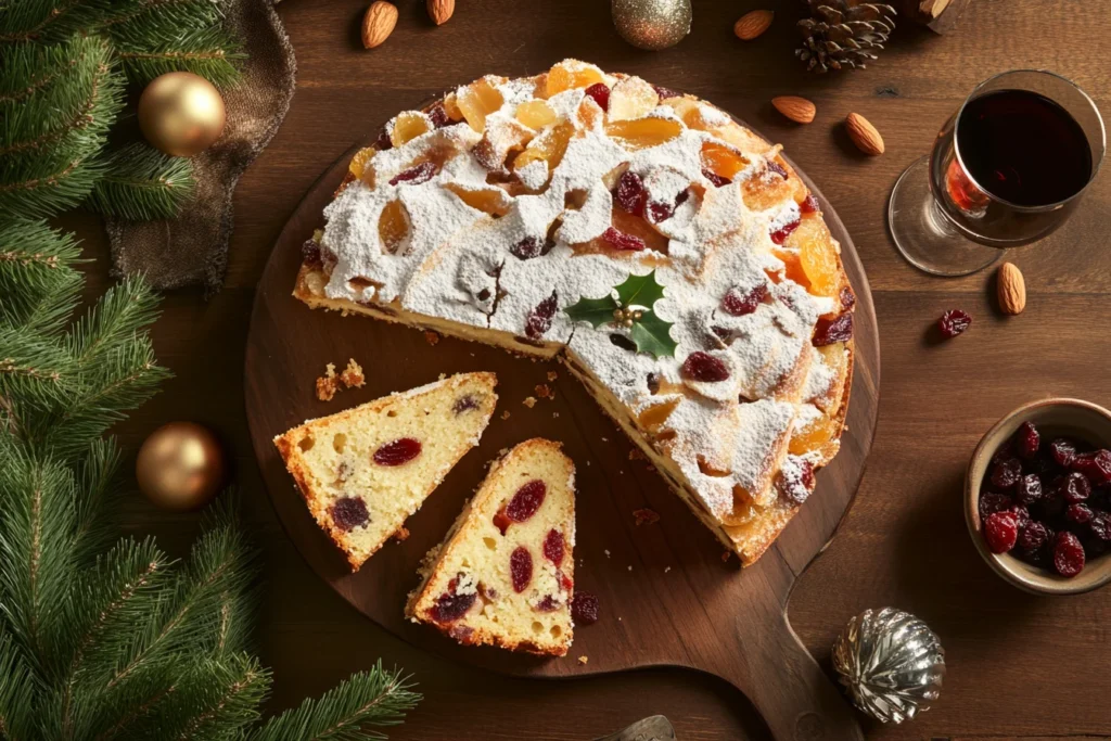 traditional panettone cake with candied fruits, raisins, and a light dusting of powdered sugar on a wooden table, surrounded by festive holiday decorations