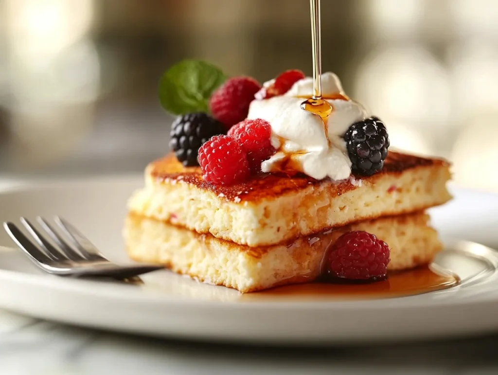 Stack of golden cottage cheese pancakes topped with fresh berries, whipped cream, and maple syrup on a white plate.