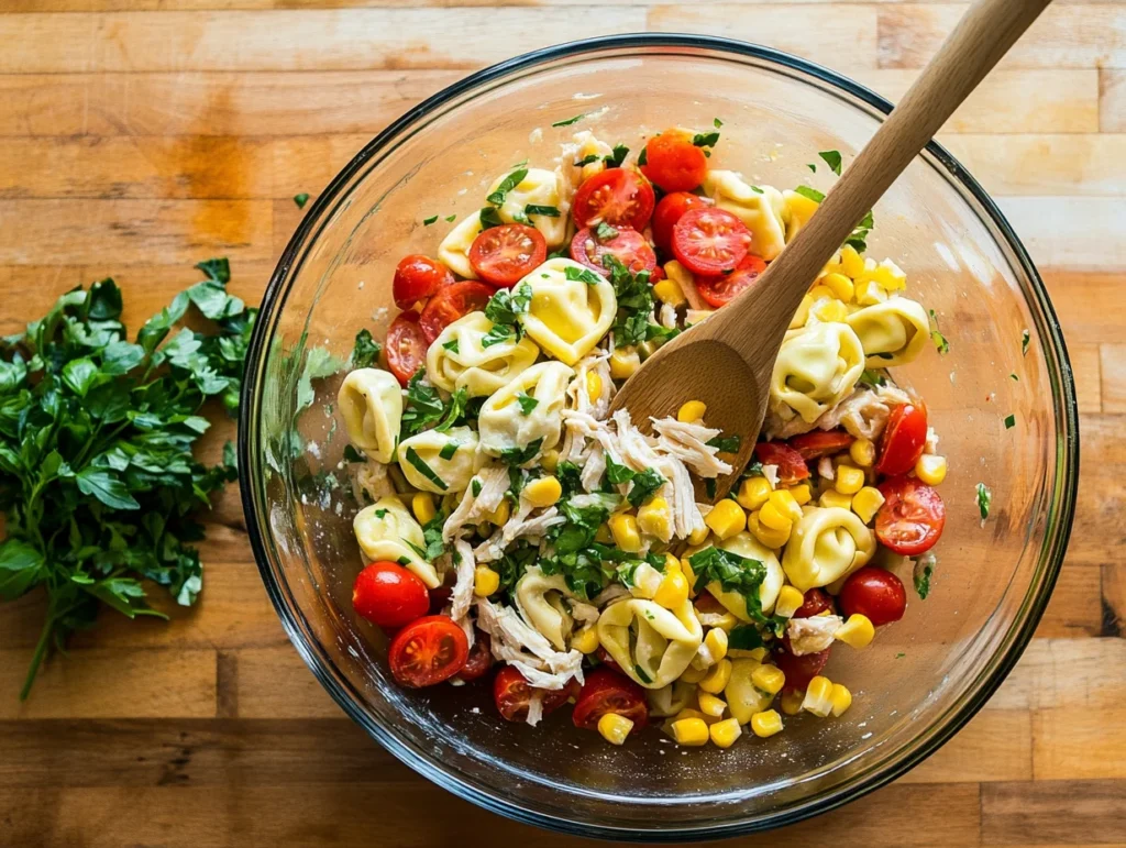 Chicken Tortellini Salad ingredients being mixed in a large bowl