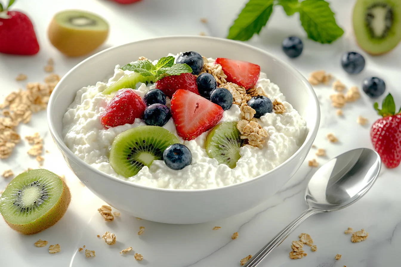 A bowl of creamy cottage cheese topped with fresh strawberries, blueberries, and kiwi slices, drizzled with honey, surrounded by granola on a marble surface.