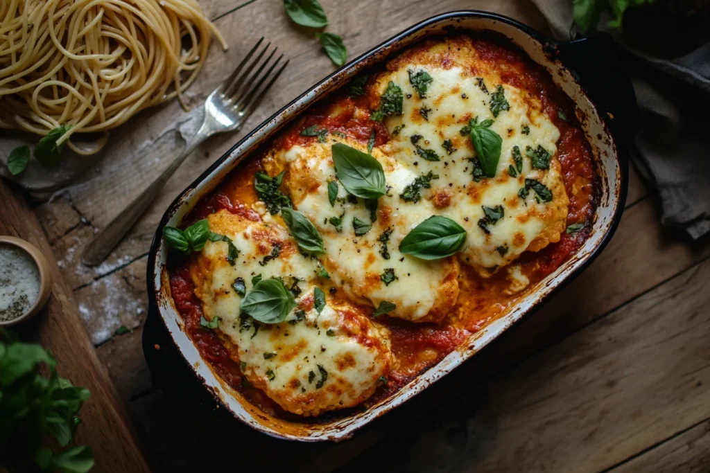 freshly baked Chicken Parmigiana topped with melted mozzarella, Parmesan, and fresh basil, served with spaghetti on a rustic kitchen counter.