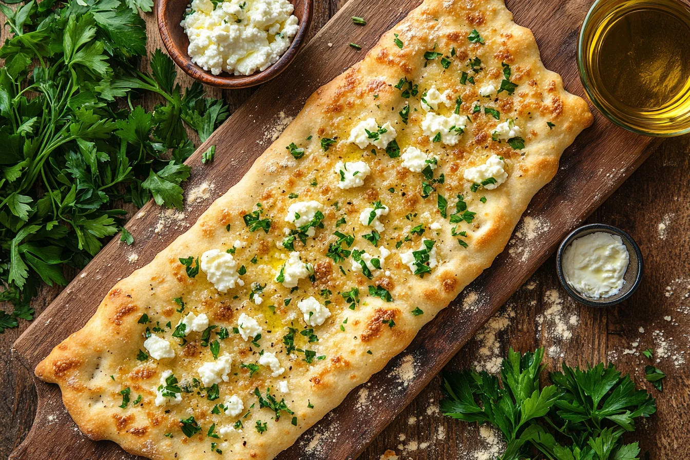 Freshly baked cottage cheese flatbread with golden edges, served on a wooden board with cottage cheese and olive oil nearby.