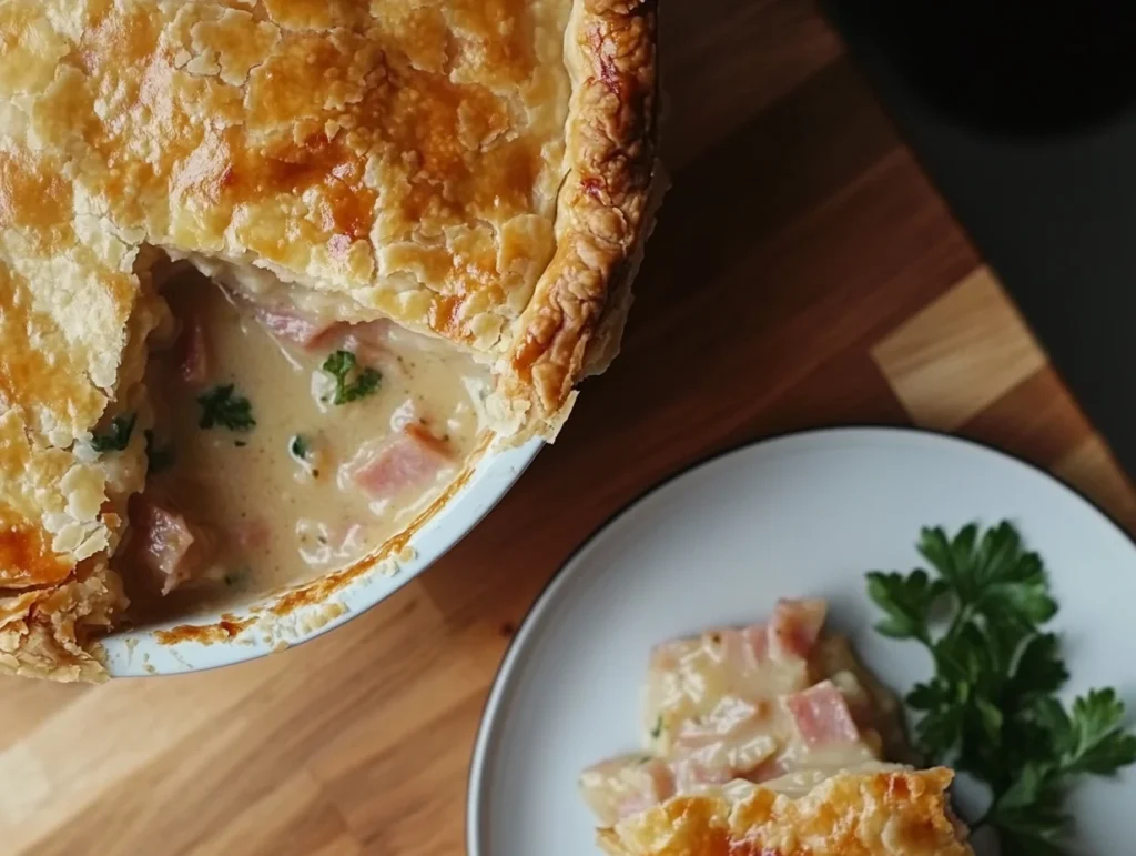 Golden, flaky turkey and ham pot pie on a kitchen counter with a slice served on a plate, ready to enjoy