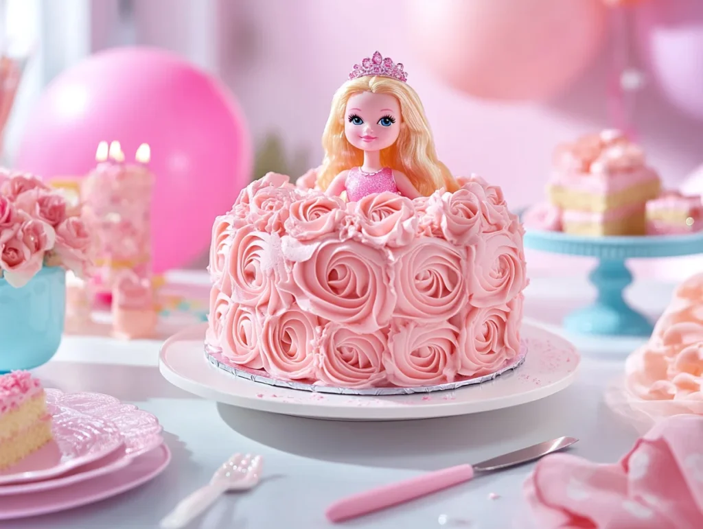 Fully decorated Barbie cake with pink rosettes, edible glitter, and festive table decorations.