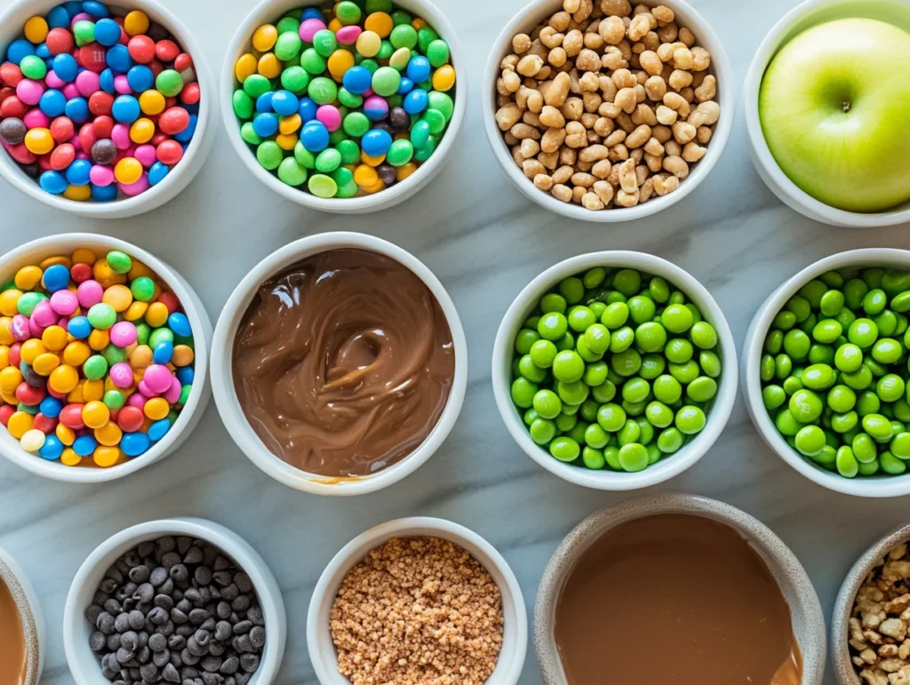 Colorful bowls of toppings like sprinkles, M&Ms, and crushed nuts for a caramel apple bar.