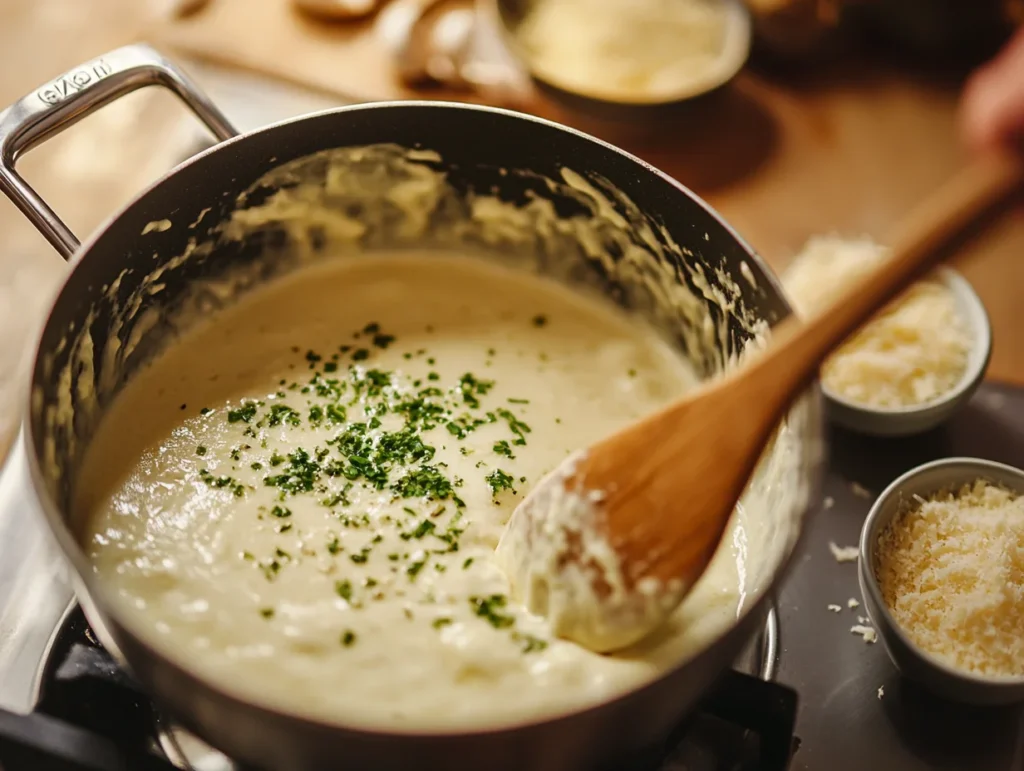 creamy garlic butter sauce being stirred with a wooden spoon, surrounded by small bowls of Parmesan cheese and minced garlic on a kitchen counter.