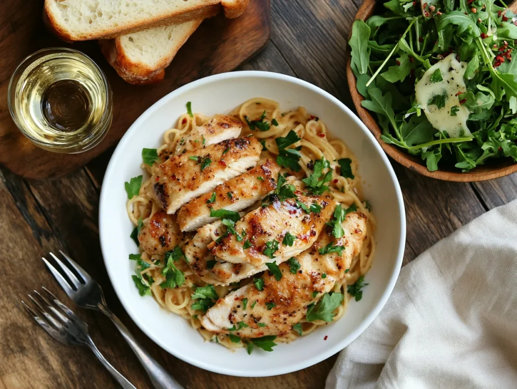 garlic Parmesan chicken pasta garnished with parsley, served alongside garlic bread and a fresh arugula salad.