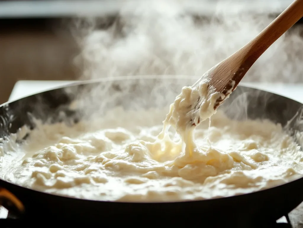 A skillet of garlic Parmesan sauce bubbling gently, with a wooden spatula stirring the creamy mixture of cream cheese and Parmesan.