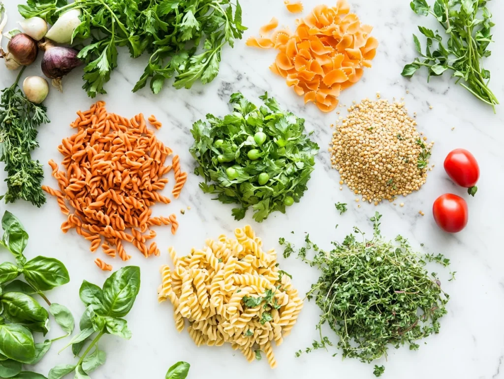 Gluten-free pasta options like quinoa, chickpea, and whole-wheat pasta on a marble countertop with fresh vegetables.