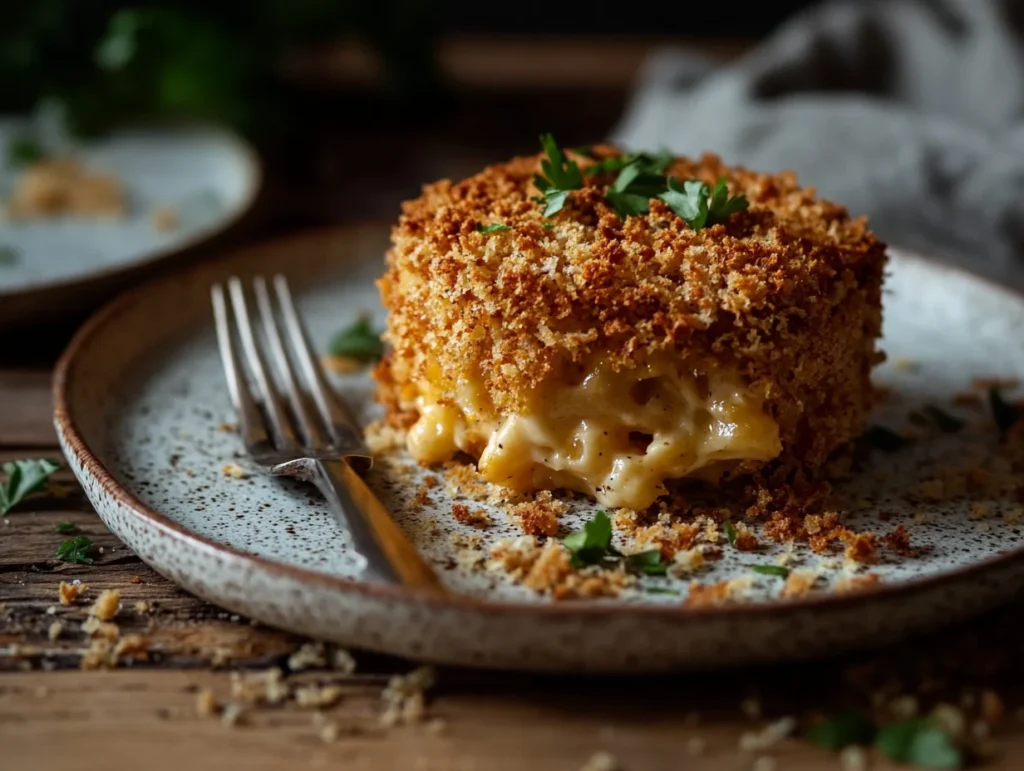 smoked mac and cheese with golden breadcrumbs on a ceramic plate, garnished with fresh parsley.