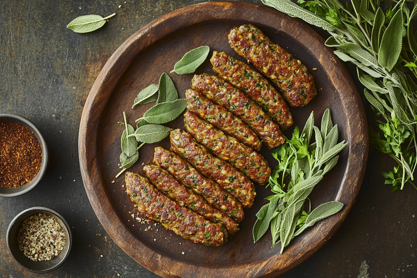 Golden brown homemade beef sausage patties on a rustic wooden board with fresh herbs and a seasoning mix bowl, styled under soft natural light.