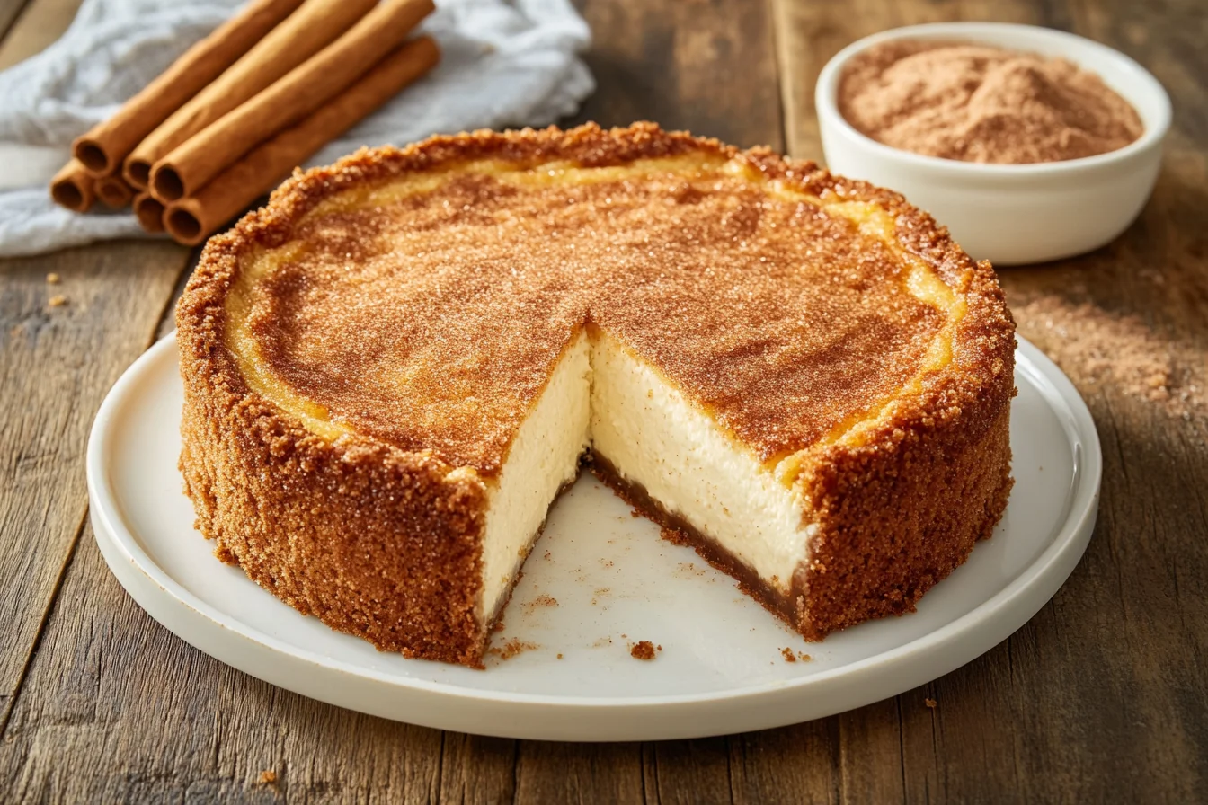 churro cheesecake with golden cinnamon-sugar crust on a white plate, with a slice removed to reveal its creamy filling.