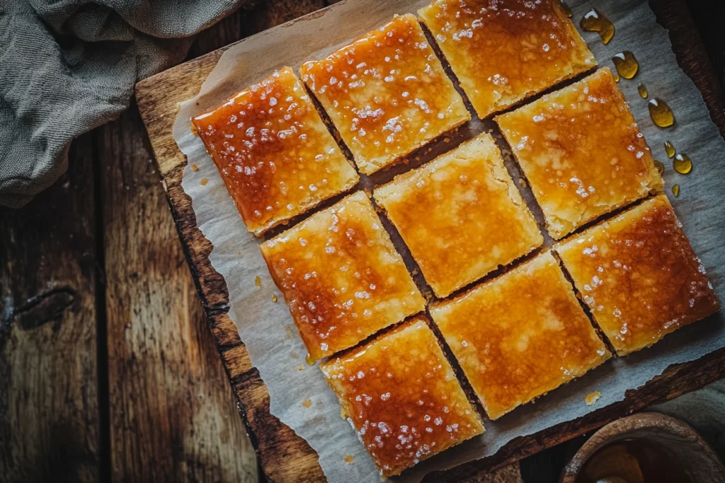 Golden-brown Russian fudge squares arranged on a wooden board, with a drizzle of golden syrup and sugar granules.