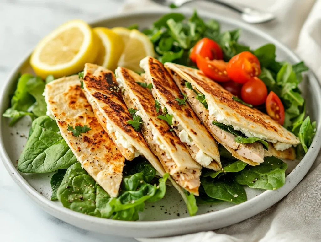 Cottage cheese flatbread wraps filled with turkey, spinach, and hummus, served with a side salad, lemon wedges, and cherry tomatoes.