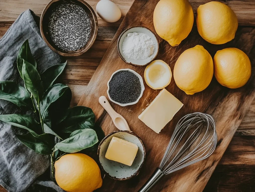 ingredients for lemon poppy seed cake, including fresh lemons, poppy seeds, eggs, butter, and sugar, arranged on a wooden board.