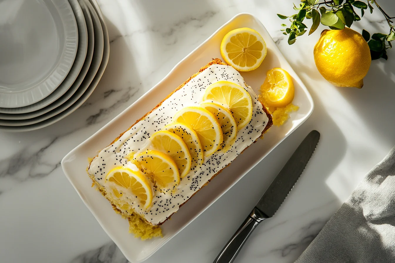 A lemon poppy seed cake loaf drizzled with lemon glaze, garnished with lemon slices and poppy seeds, on a white serving platter.