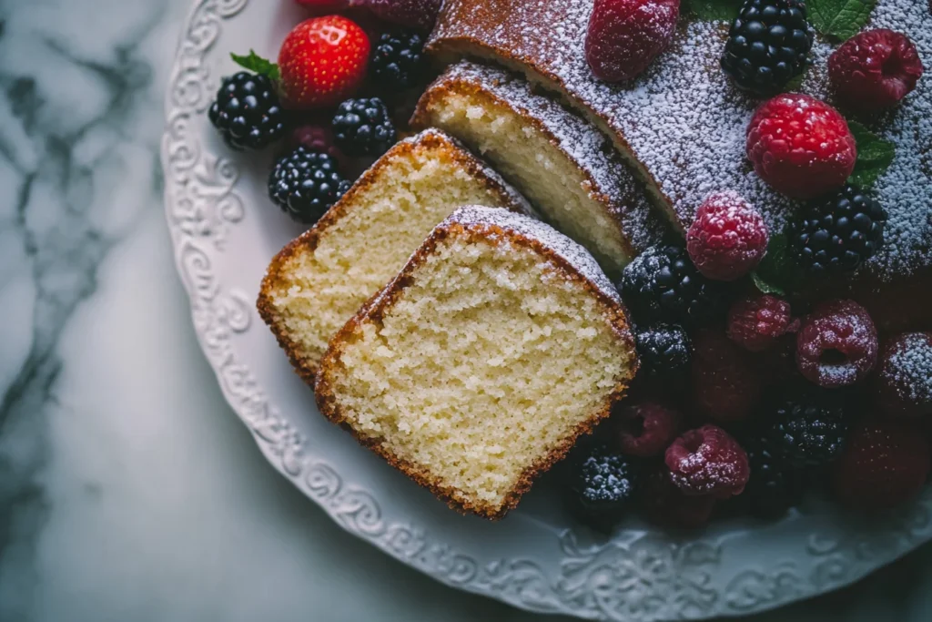 Million Dollar Pound Cake with golden-brown crust, soft crumb, and powdered sugar topping served with fresh berrie