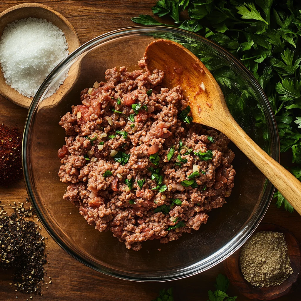 mixing ground beef with garlic powder, onion powder, and dried sage in a glass bowl, surrounded by fresh herbs and spices.