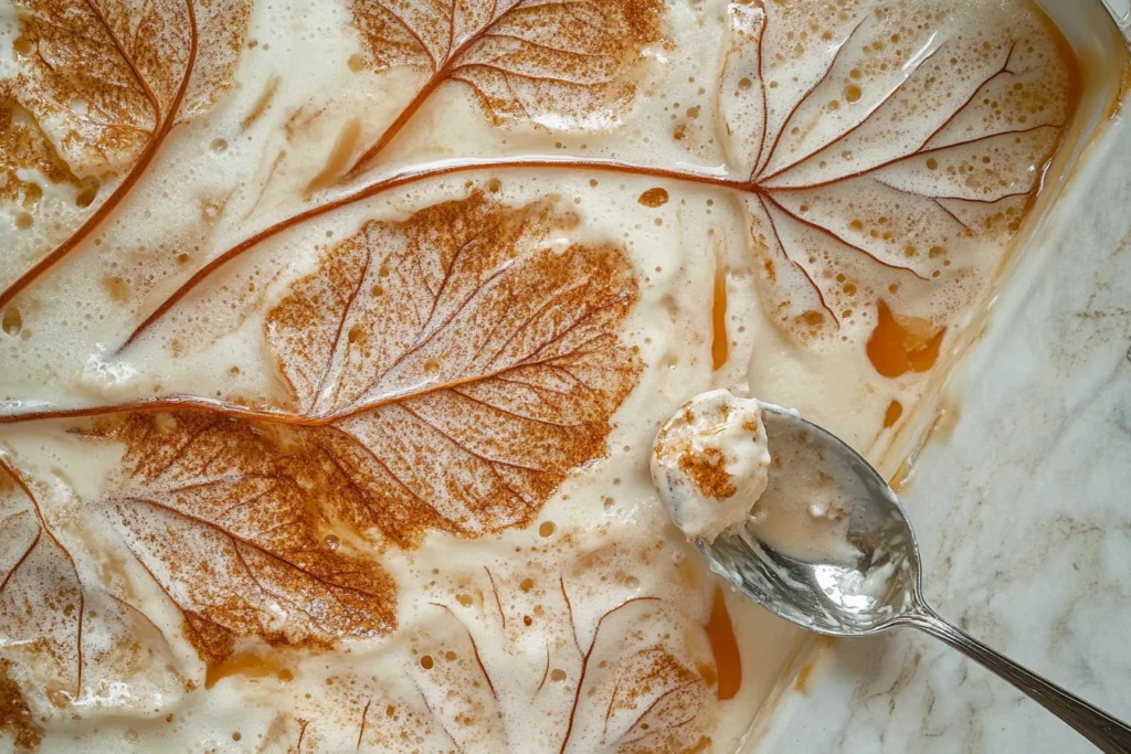 no-churn Gooey Butter Cake Ice Cream in a loaf pan with caramel swirls and cake chunks.