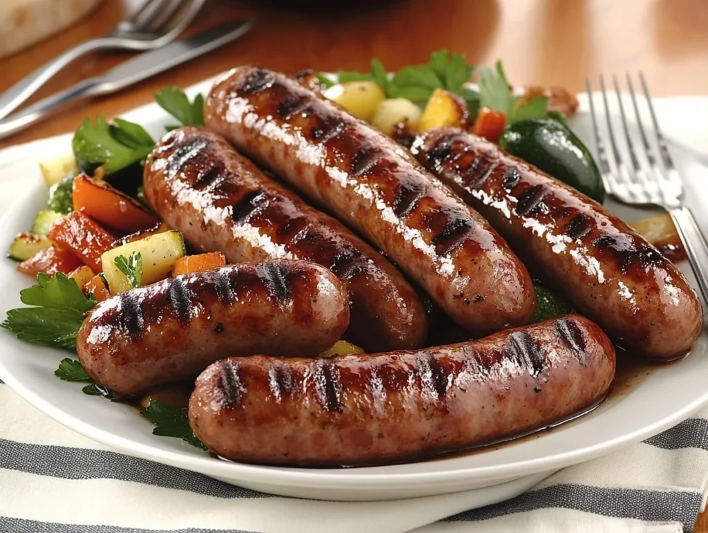 Golden pan-fried beef sausage links served with sautéed vegetables, garnished with fresh parsley, on a rustic plate under soft natural light.