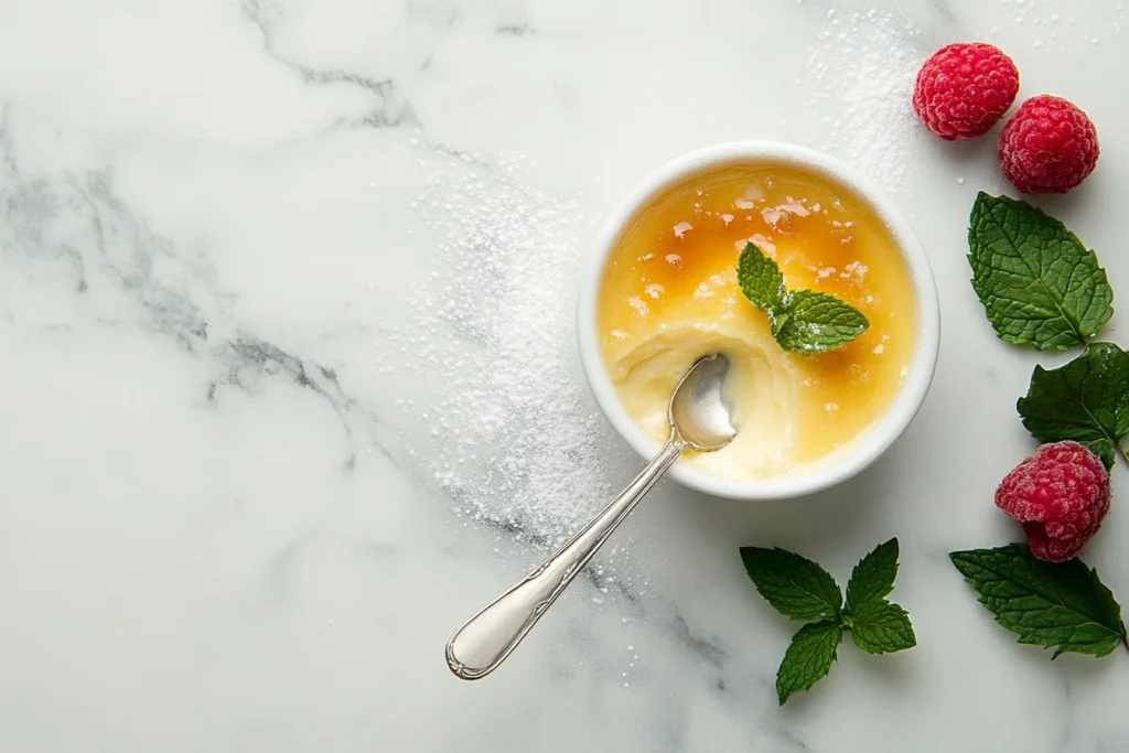 crème brûlée with a caramelized sugar topping in a white ramekin, accompanied by a silver spoon, vanilla pods, and a cream jar on a marble countertop.