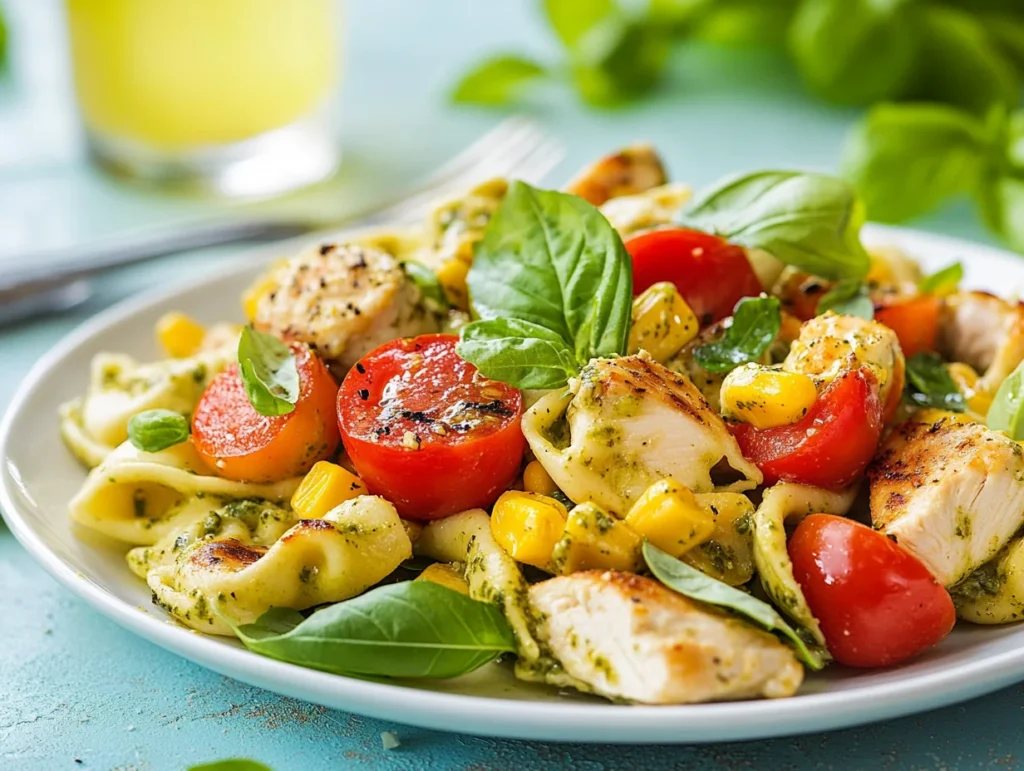 plated Chicken Tortellini Salad with pesto dressing and fresh herbs