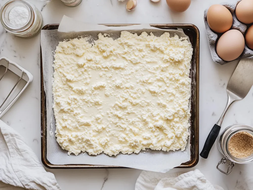 Cottage cheese flatbread batter spread evenly on a parchment-lined baking sheet with ingredients like eggs and garlic powder nearby.