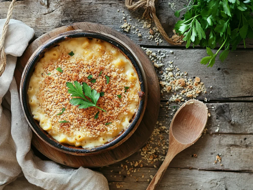 Golden-brown mac and cheese baked with cottage cheese sauce, garnished with fresh parsley in a rustic casserole dish.