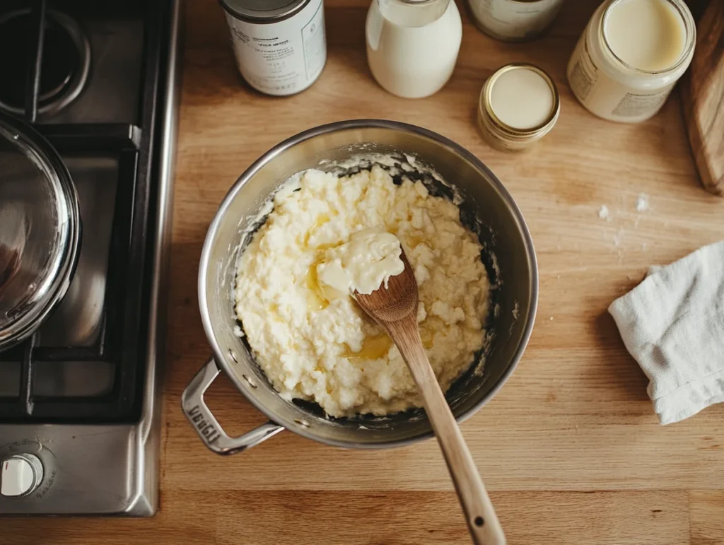 Saucepan on a stovetop filled with a creamy mixture of sugar, butter, and golden syrup, stirred with a wooden spoon