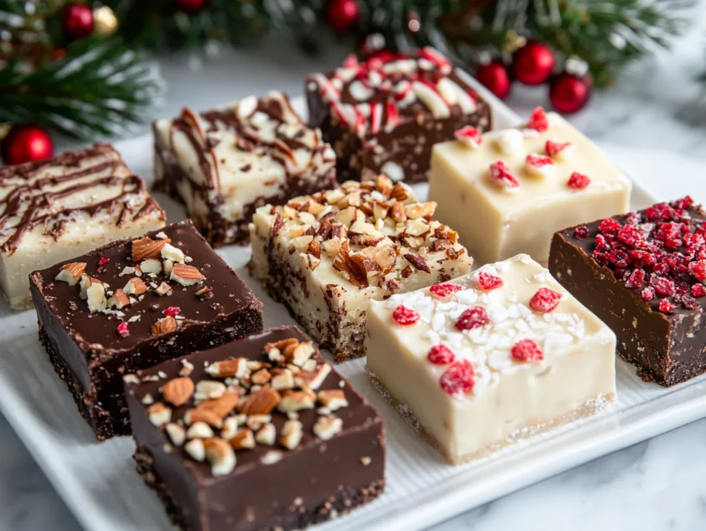 A platter of Russian fudge squares with toppings like crushed nuts, chocolate drizzle, sea salt, dried cranberries, and peppermint candies.