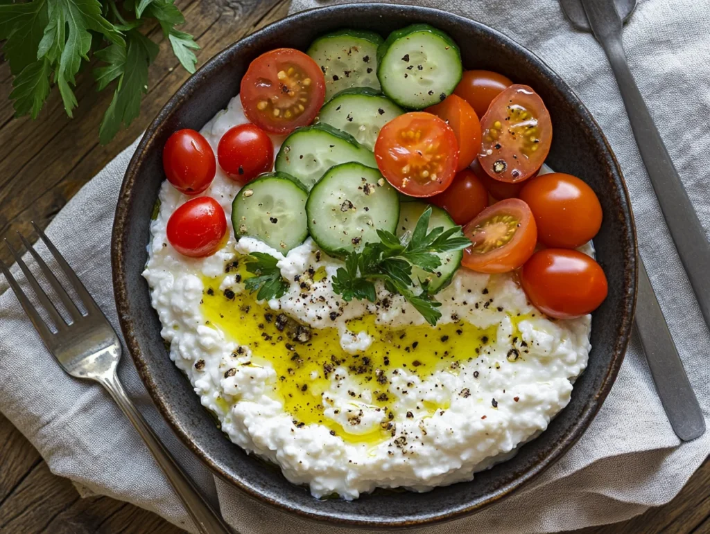 A savory bowl of cottage cheese topped with cucumbers, cherry tomatoes, olive oil, parsley, and black pepper, styled on a rustic wooden table.