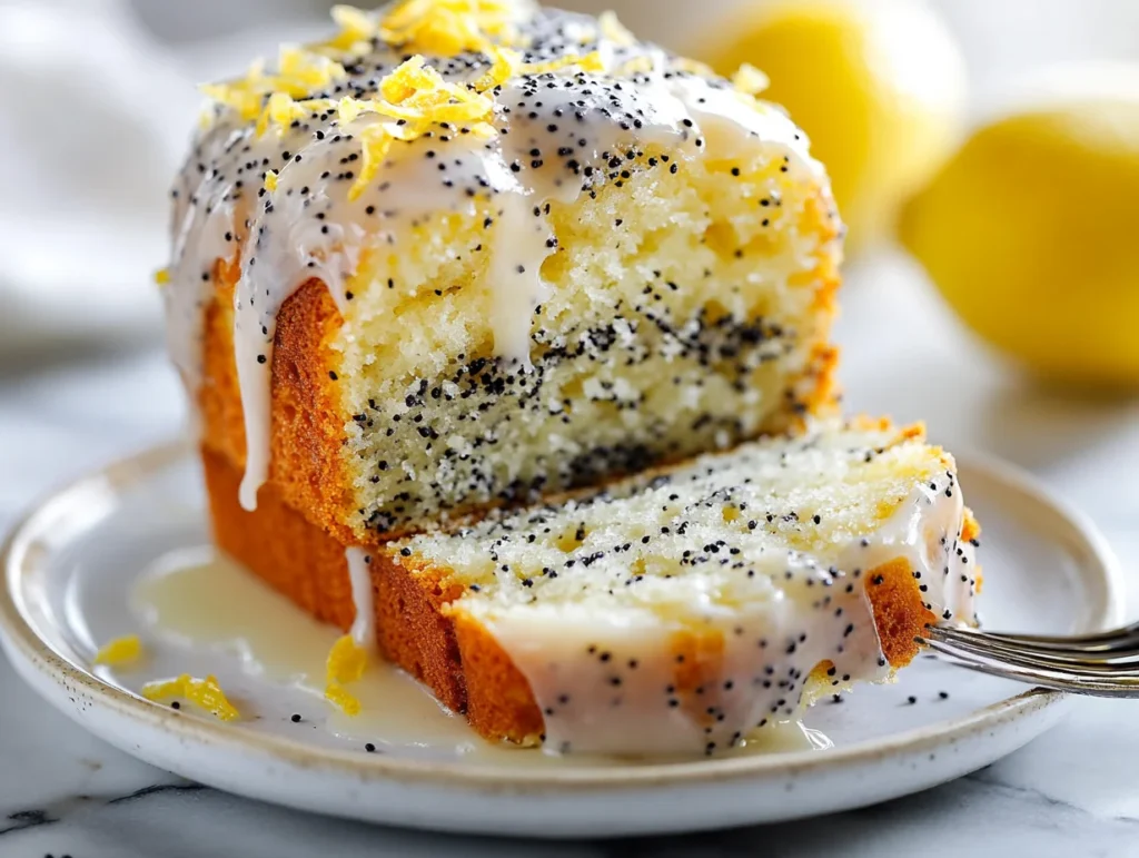 Sliced lemon poppy seed cake showing moist texture, stacked on a plate with glaze and lemon zest garnish.