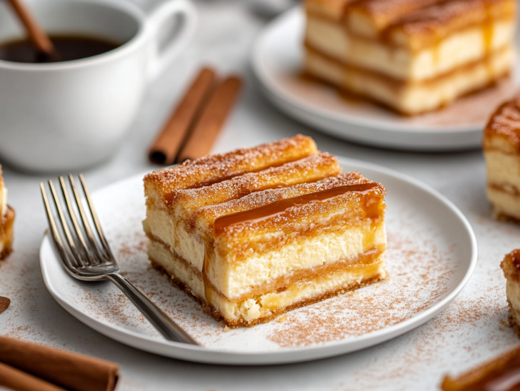 Slices of churro cheesecake on white plates with caramel drizzle and coffee in the background.