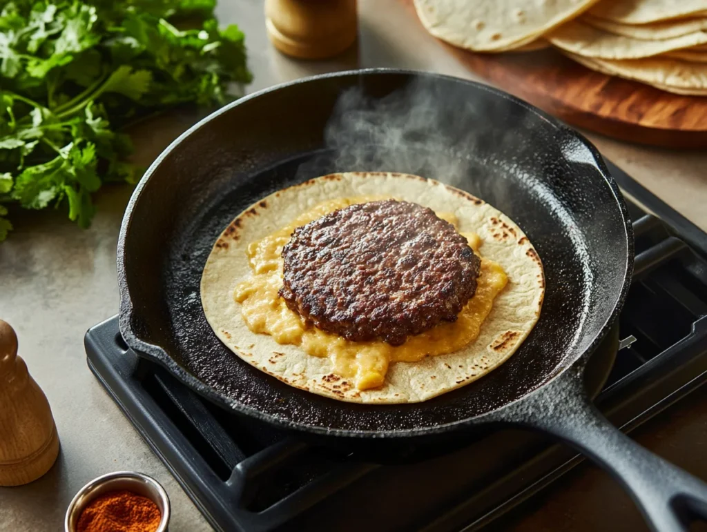 Step-by-step preparation of Smashburger Tacos with a tortilla pressed onto sizzling beef in a cast iron skillet, topped with melting cheese.