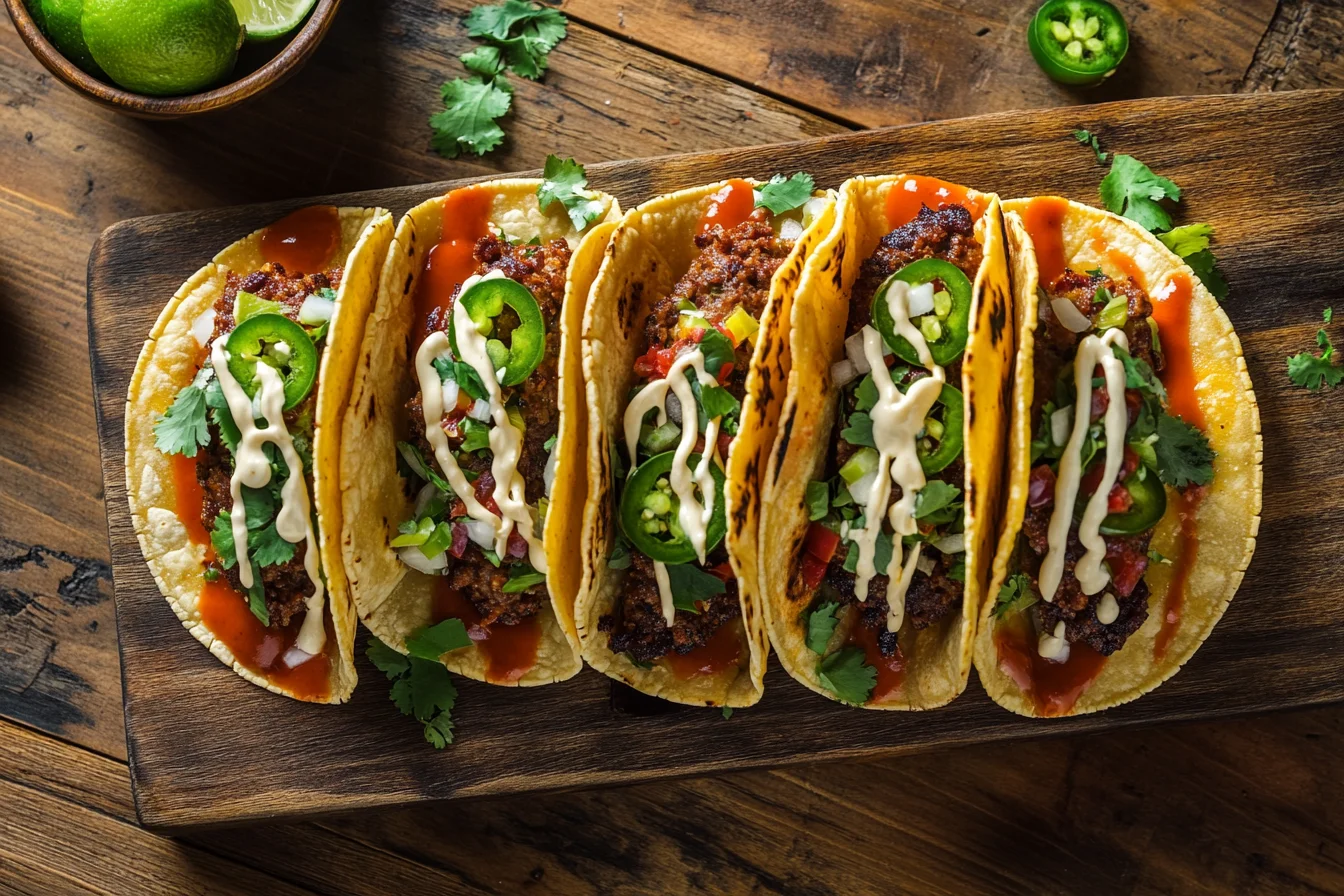 Smashburger Tacos with crispy beef patties, melted cheese, and fresh toppings on a rustic wooden board, garnished with lime wedges.