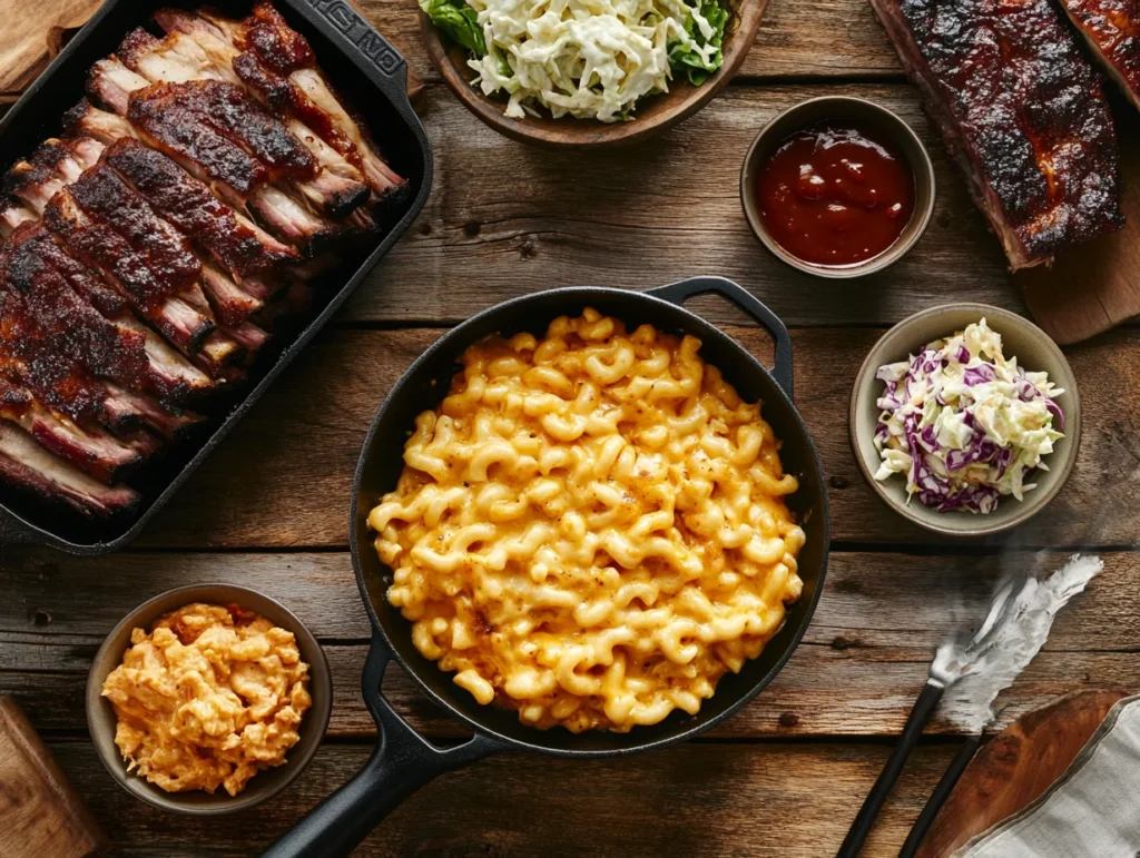 smoked mac and cheese with BBQ ribs, pulled pork, grilled chicken, and sides like coleslaw and BBQ sauce on a wooden table.