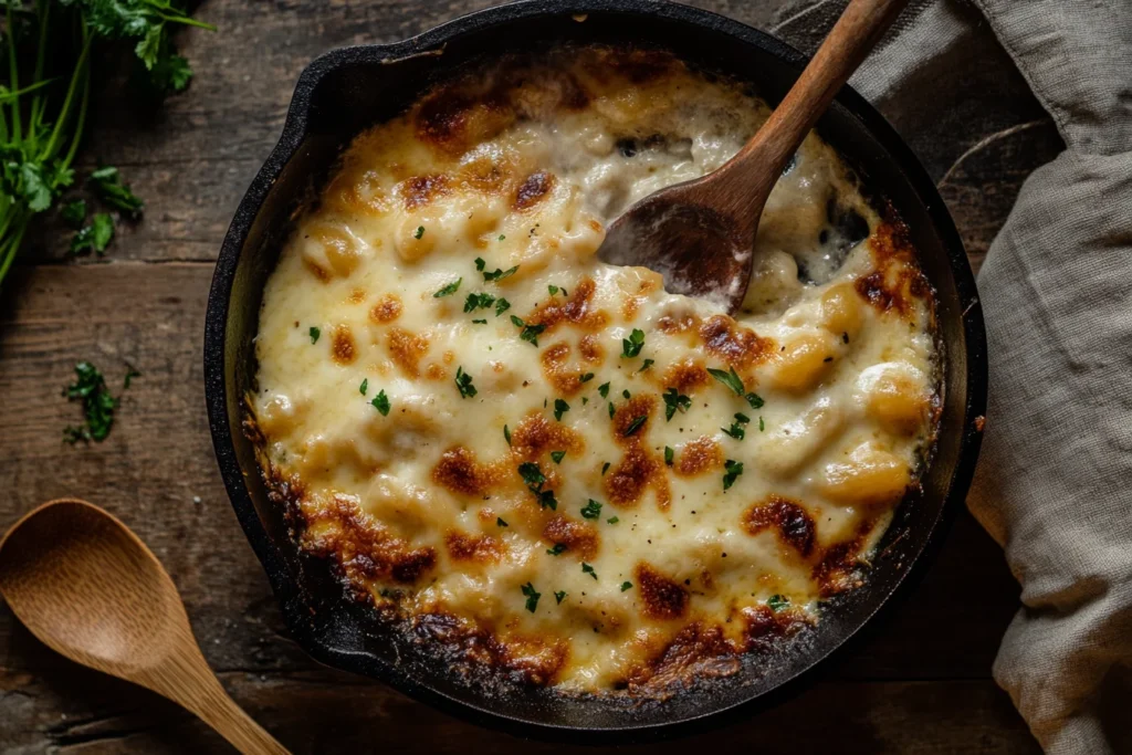 Smoked mac and cheese bubbling in a cast iron skillet, topped with crispy breadcrumbs and garnished with fresh herbs.