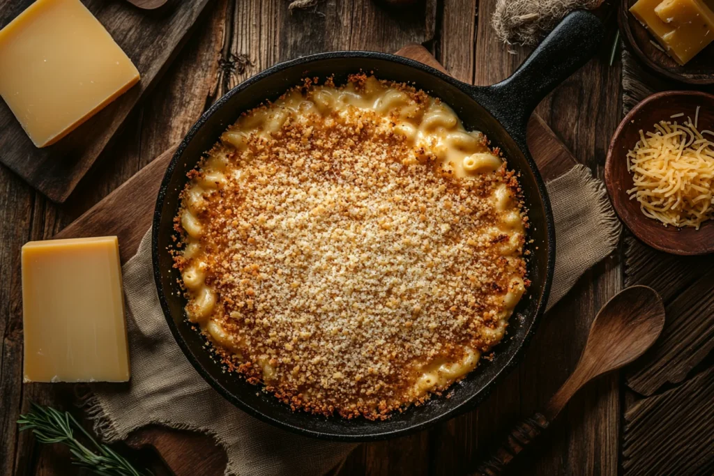 smoked mac and cheese in a cast iron skillet with crispy breadcrumbs and melted cheese, placed on a rustic wooden table.