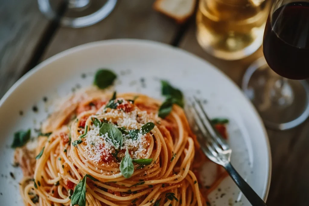 A plate of delicious spaghetti with tomato sauce, parmesan, and fresh herbs, garnished with red pepper flakes