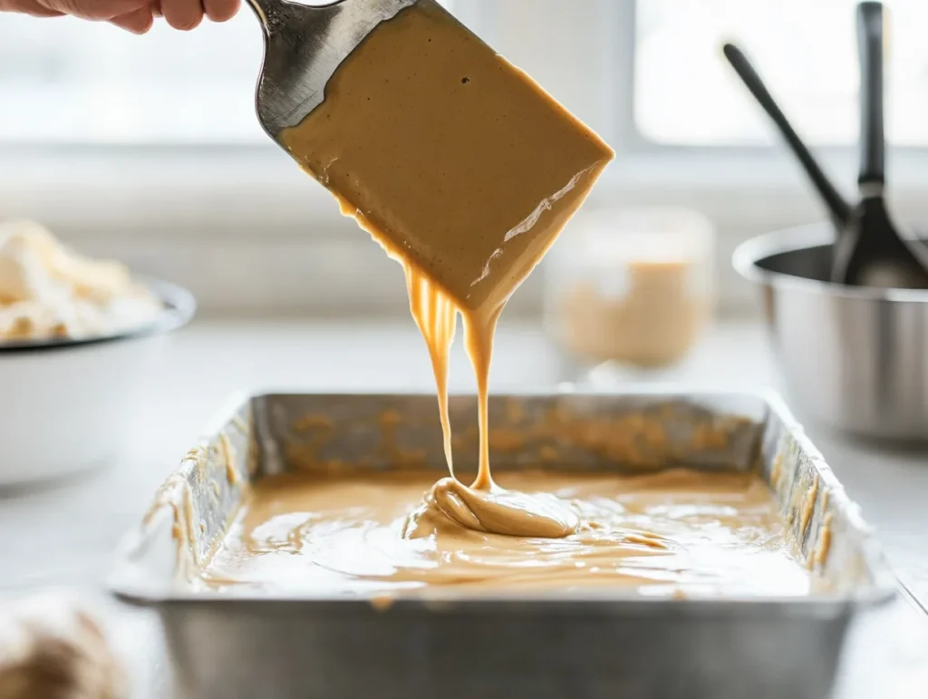 pouring creamy peanut butter fudge mixture into a parchment-lined pan, with a spatula smoothing the surface.