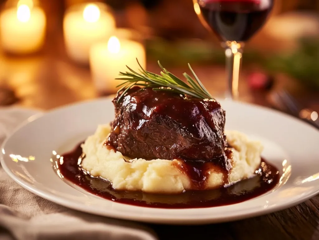 Plated beef cheeks over mashed potatoes with red wine sauce and rosemary garnish.