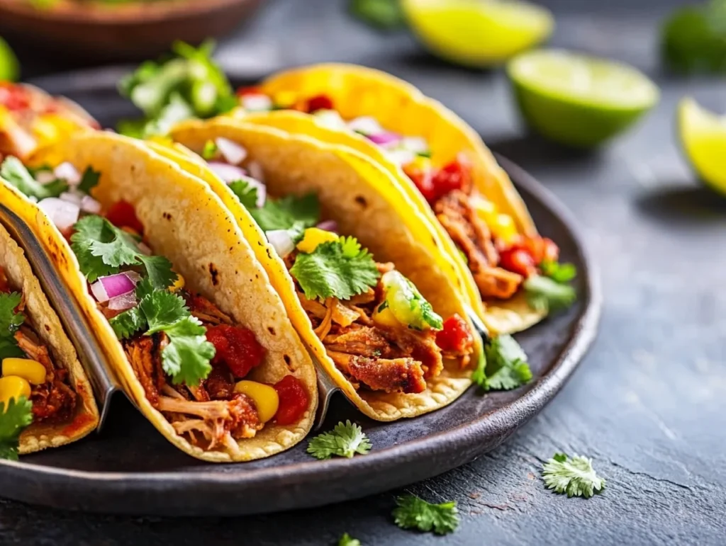 Traditional Mexican tacos: al pastor, carnitas, and cochinita pibil with fresh cilantro, onions, and salsa on a corn tortilla.