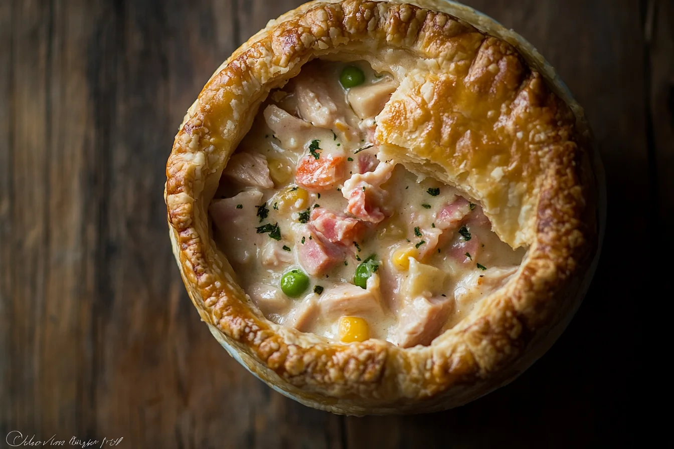 Turkey and Ham Pot Pie with a golden flaky crust, filled with turkey, ham, and vegetables.