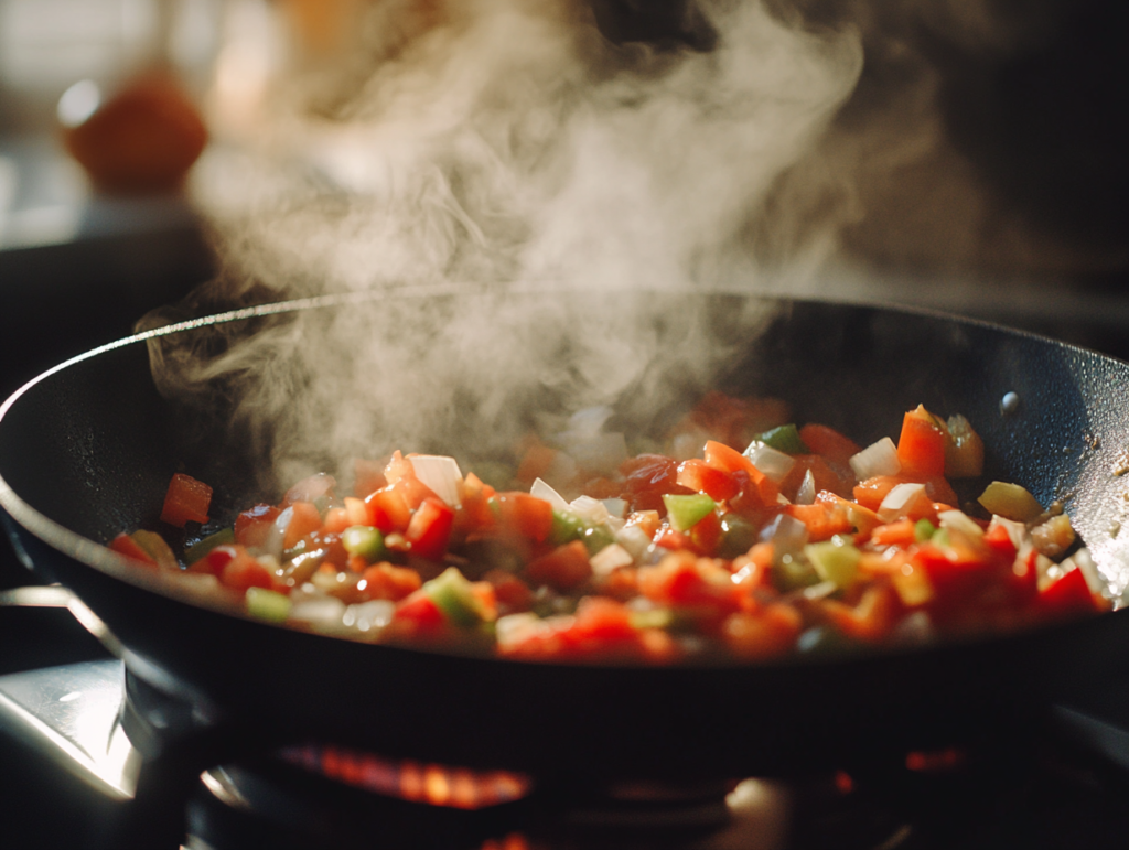 onions, garlic, and bell peppers in a skillet, creating the base for Mexican spaghetti