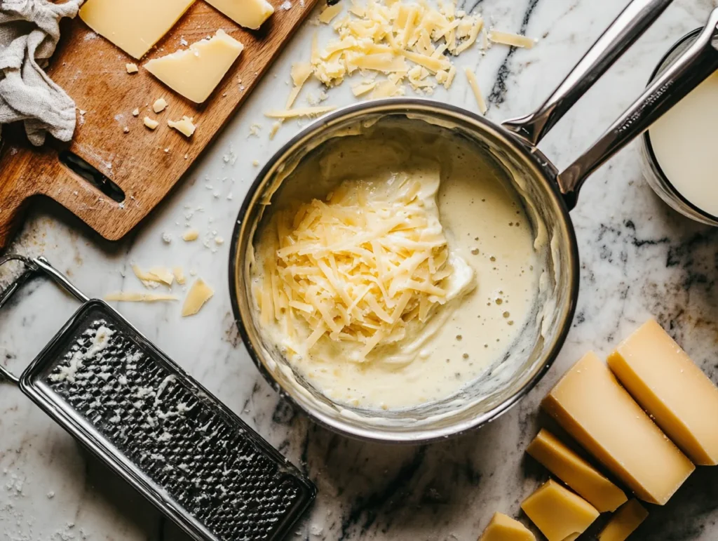 Velvety cheese sauce being whisked in a saucepan with smoked gouda, cheddar blocks, and milk on a bright kitchen counter.