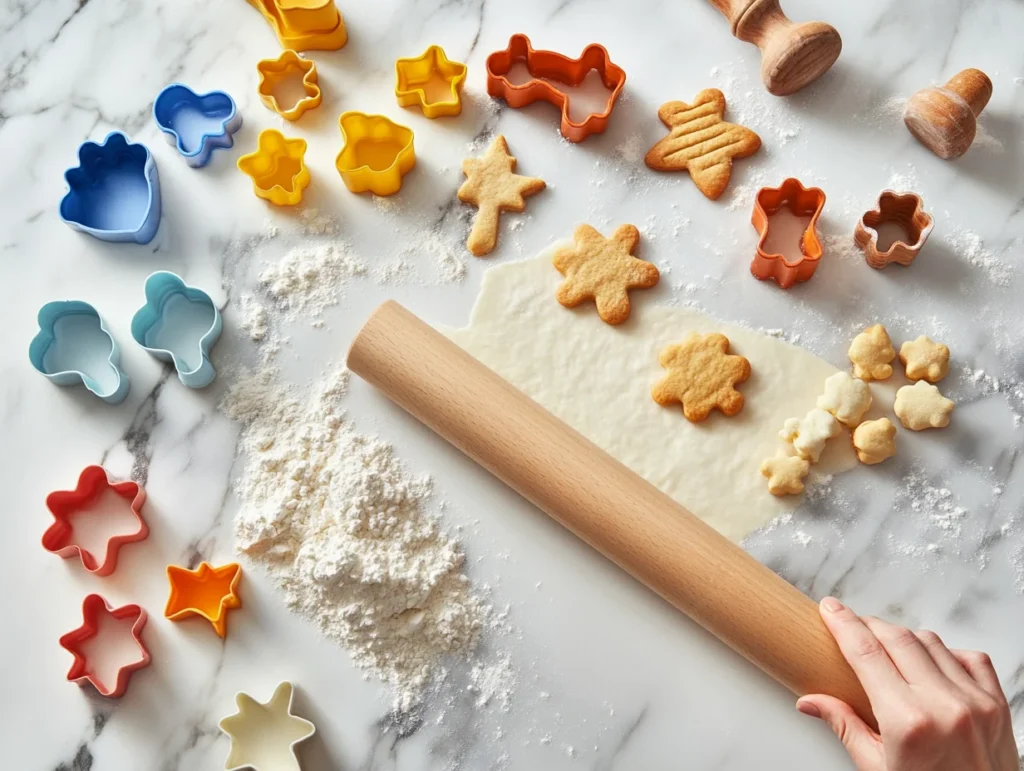 Baker rolling out wafer cookie dough with cookie cutters on a floured marble surface.